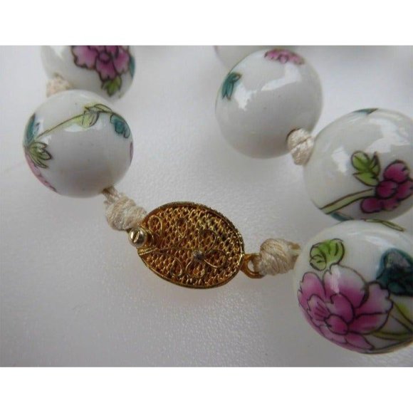 Hand-Painted Ceramic Floral Bead Necklace With Gold-Tone Filigree Clasp 26" - Picture 5 of 9